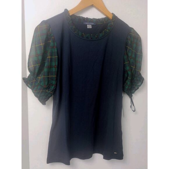 New~ Women's Tommy Hilfiger Plaid Trim Puffed Sleeve Top Medium - Picture 1 of 8